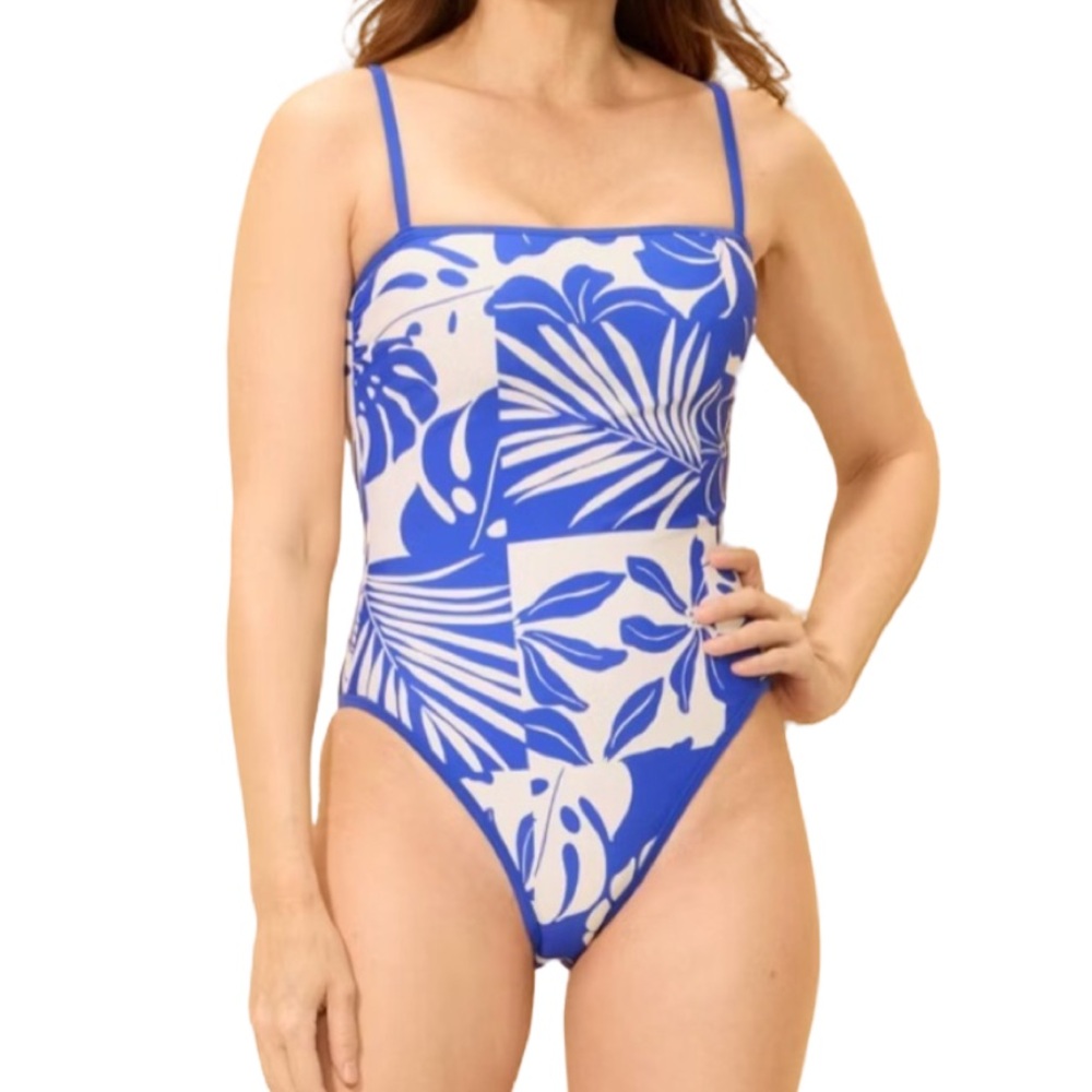 Blue Contrast Trim Palm Print High Leg Cheeky One Piece Swimsuit